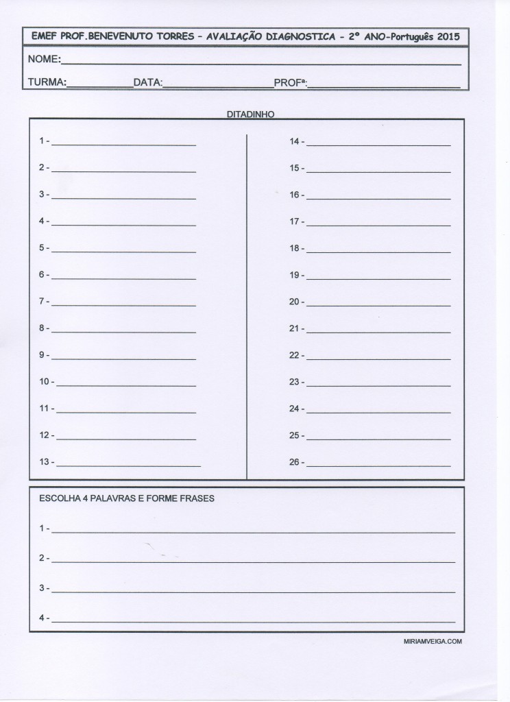 Avaliação diagnóstica 2º Ano - Português - 2015 Ditado