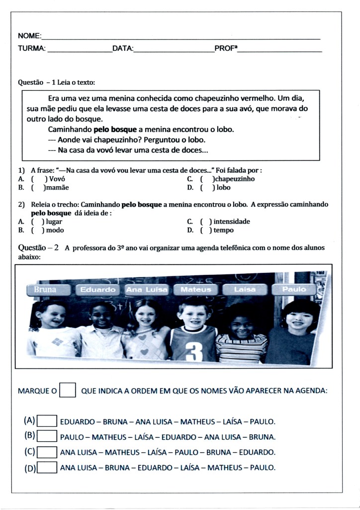 Avaliação de Língua Portuguesa - 3º ANO Ensino Fundamental com questões de interpretação - Parte 1