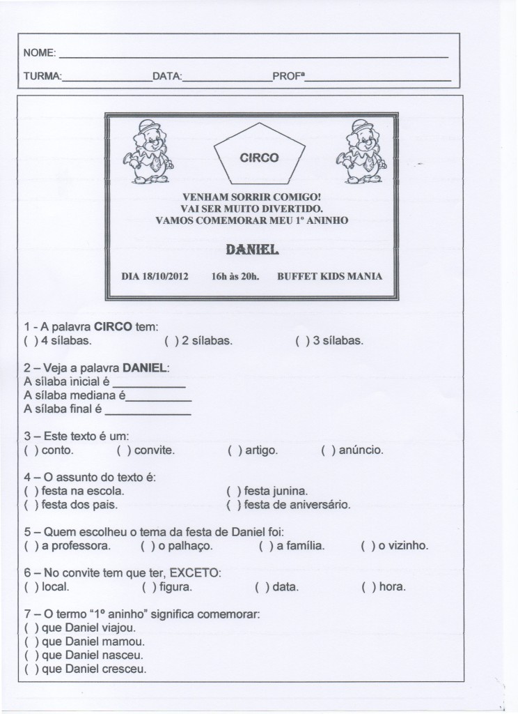Avaliação de 1º ANO de Ensino Fundamental - Parte 1 de 3.