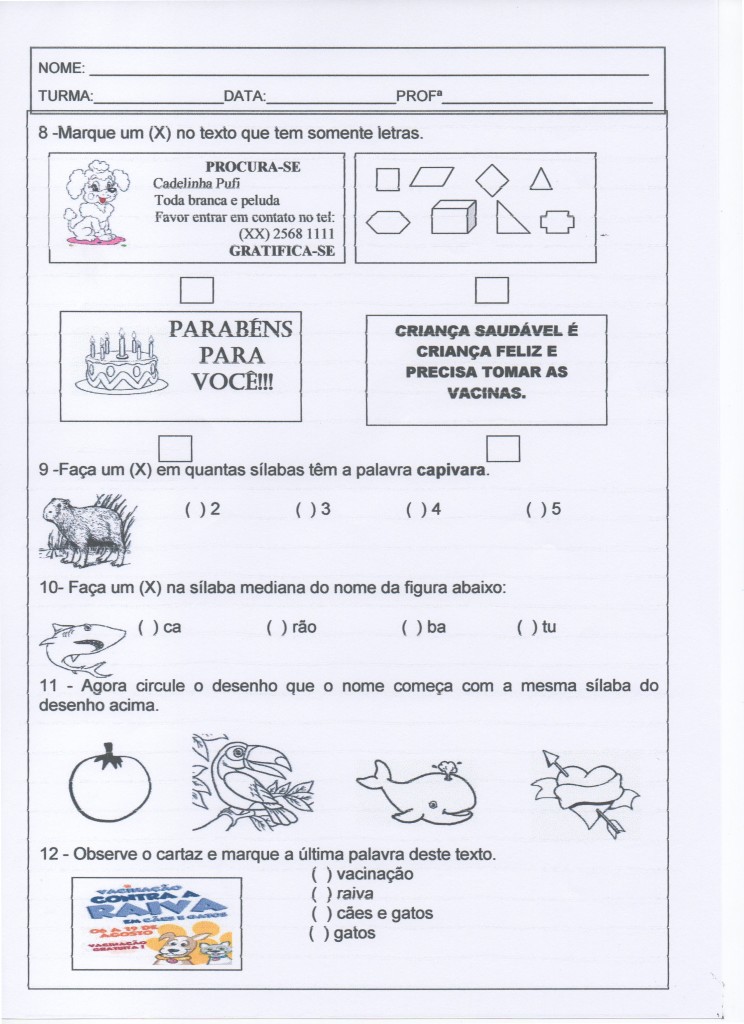 Avaliação de 1º ANO de Ensino Fundamental - Parte 2 de 3.