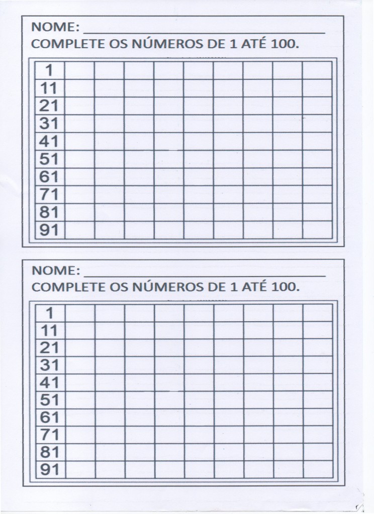 Quadro de números para completar