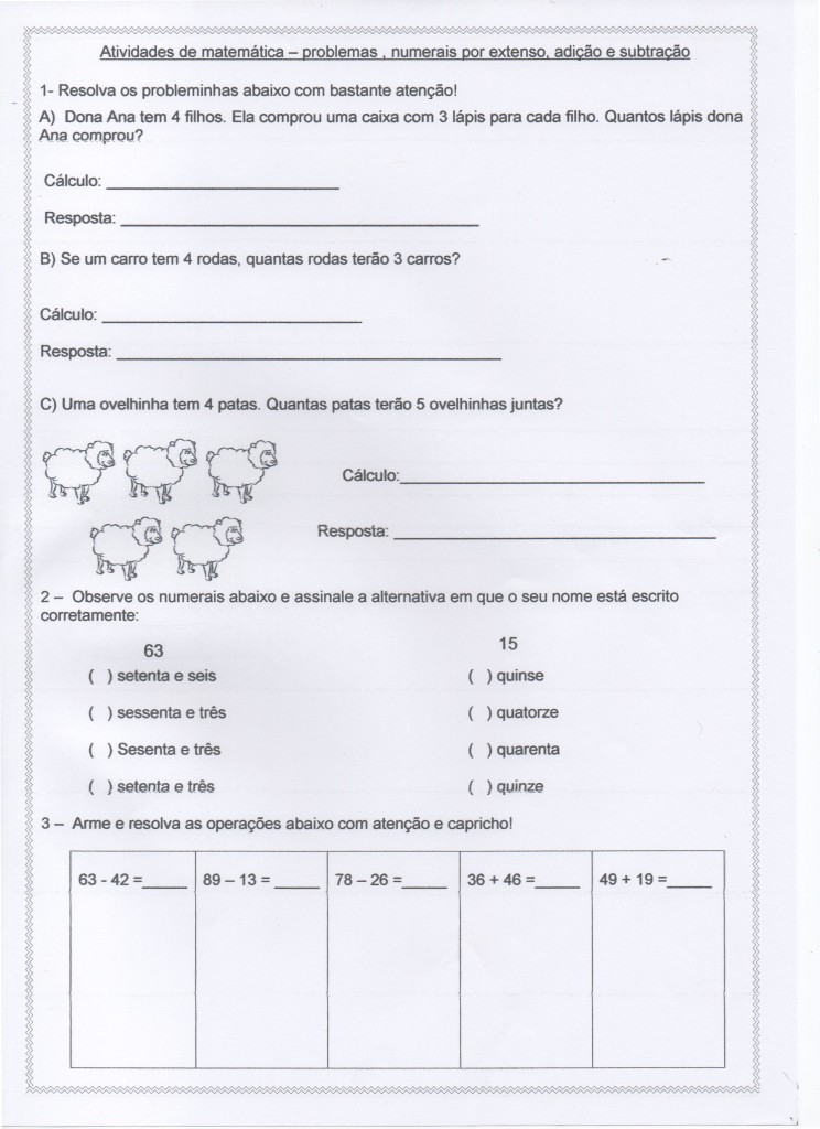 Atividade de Matemática - Problemas, Adição, Subtração, Números. Parte 1