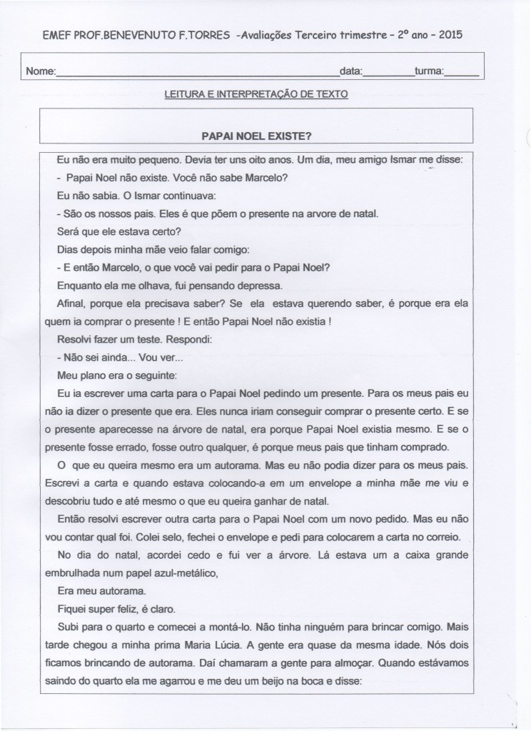 Avaliação 2º ANO - 3º Trimestre - Parte 5. Interpretação de texto 1.