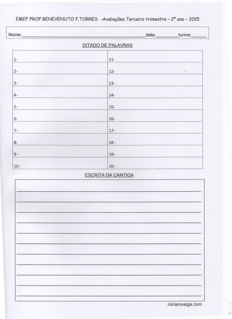 Avaliação 2º ANO - 3º Trimestre - Parte 8. Folha de Ditado e Cantiga