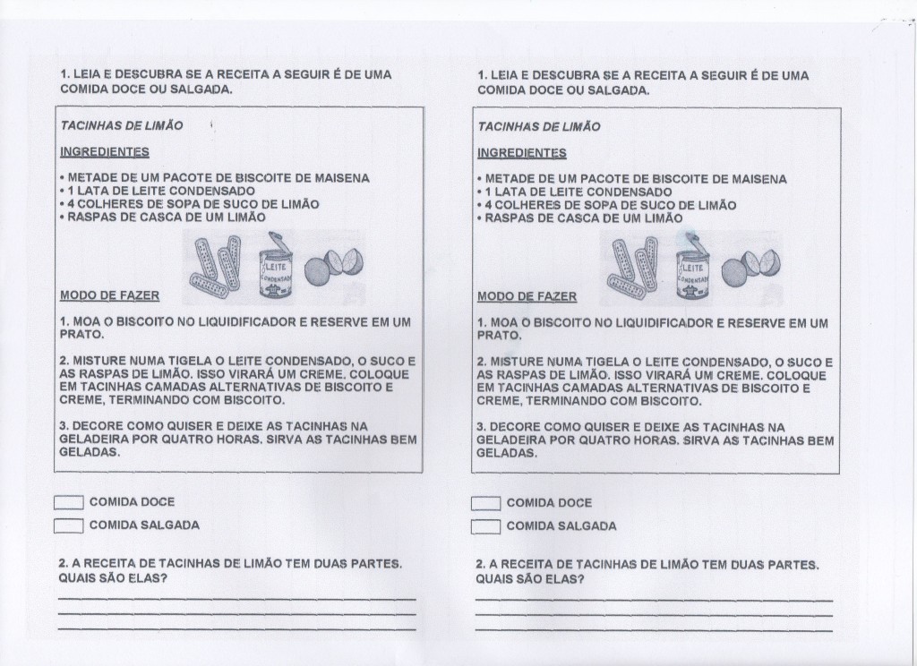 Atividade com receita-Tacinhas de Limão