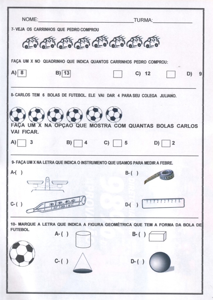 Avaliação Diagnóstica do 1 Ano-Matemática Folha 6