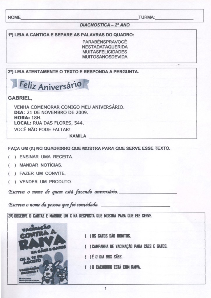 Avaliação Diagnóstica do 2ª Ano - Folha 1