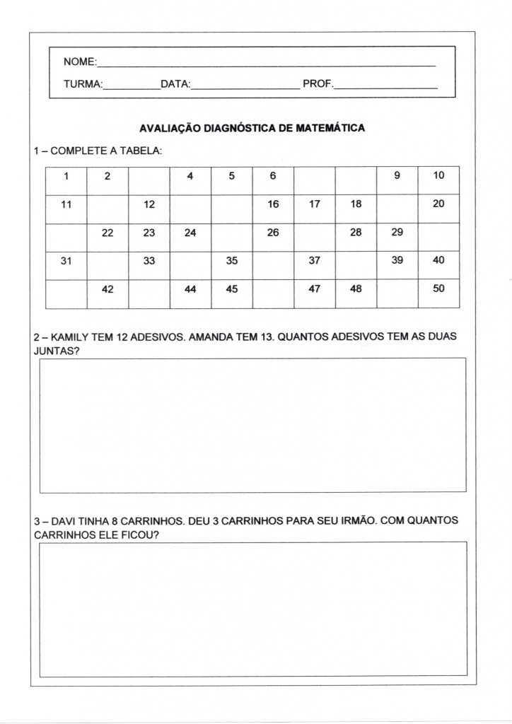 Avaliação Diagnóstica Matemática 1 Ano-Folha 1