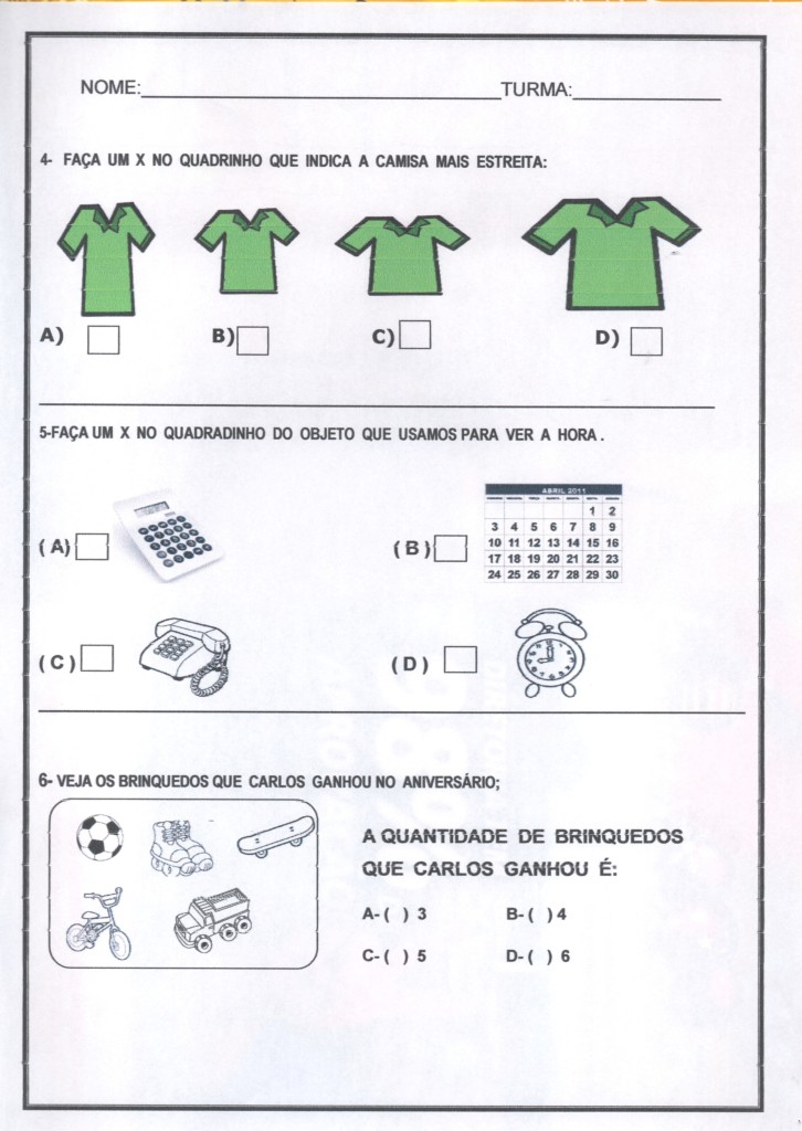 Avaliação Diagnóstica 1º Ano - Matemática Folha 5