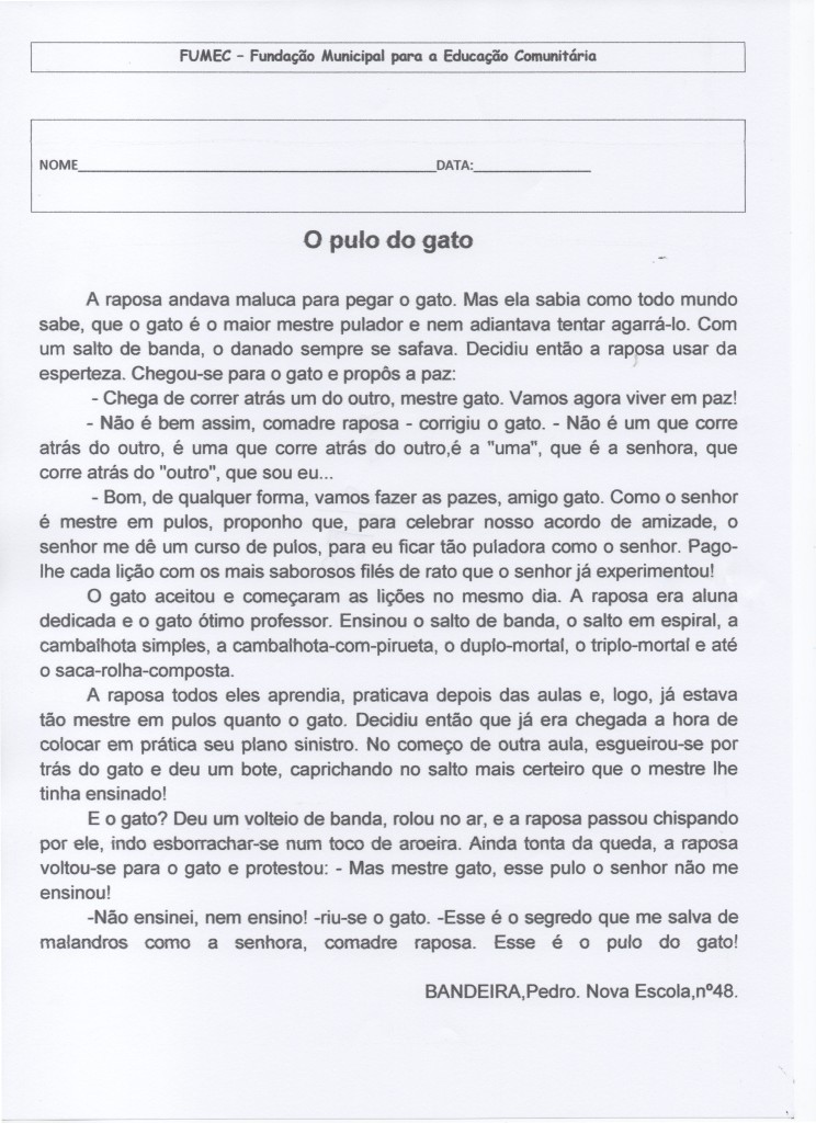 Texto para EJA Interpretação O pulo do gato