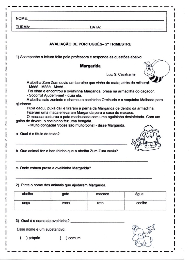 Avaliação de Português Ensino Fundamental-Parte 01 - Interpretação de Texto - Folha 01