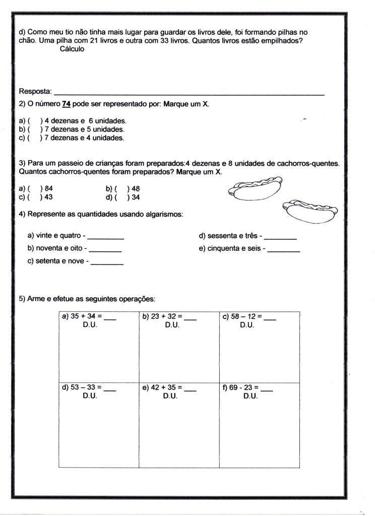 dezena e unidade, adição subtração - avaliação