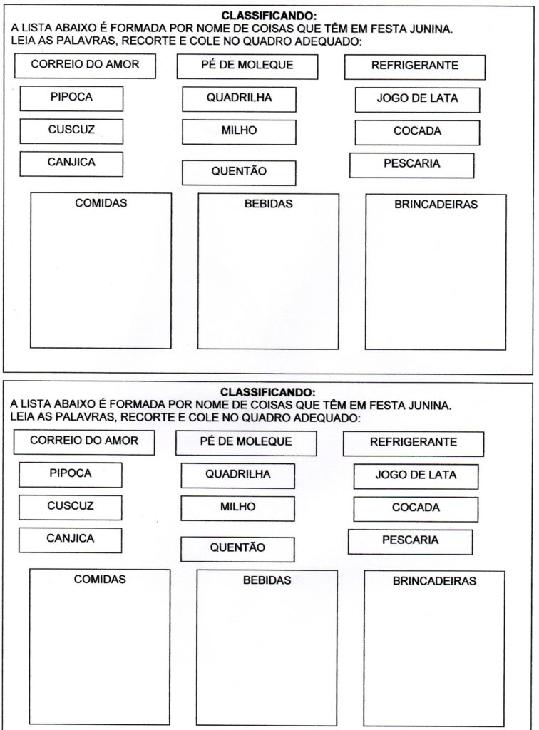 Festa Junina Classificando Listas e Caça-Palavras. Classificando Listas
