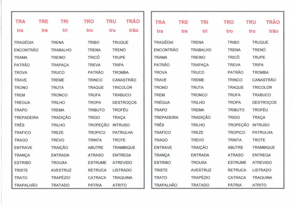 Listas de Palavras com TR-TRA-TRE-TRI