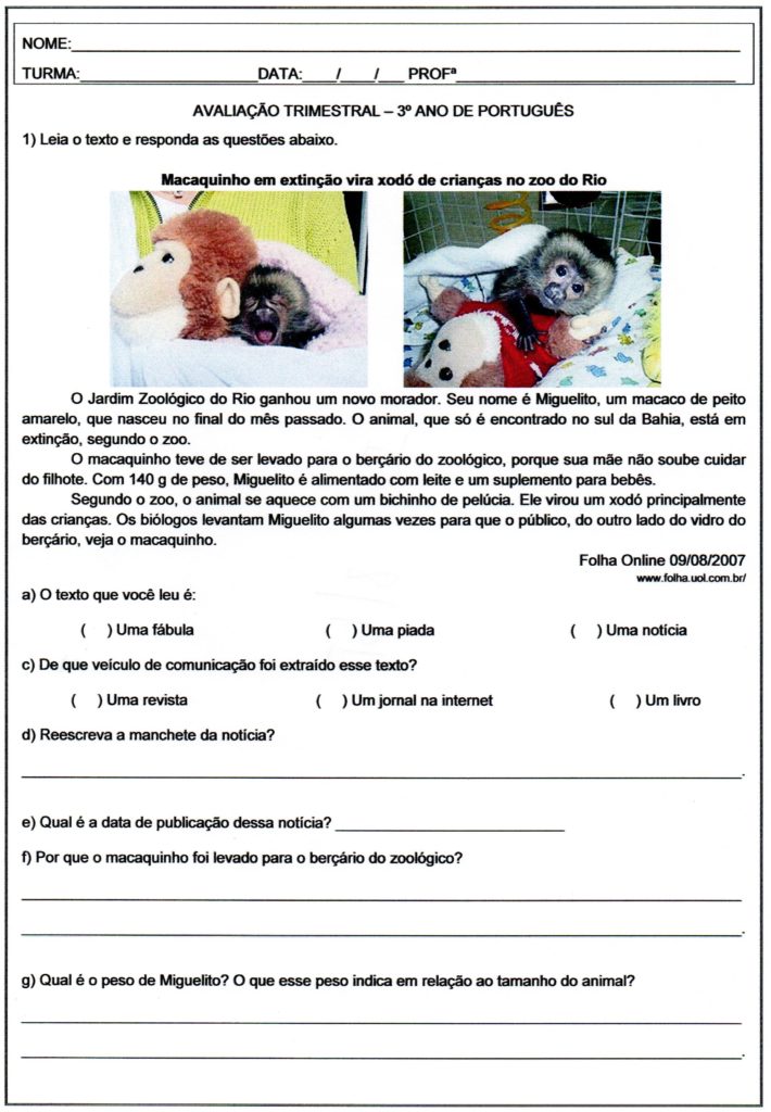 Avaliação 3º Ano-Língua Portuguesa-Parte 1