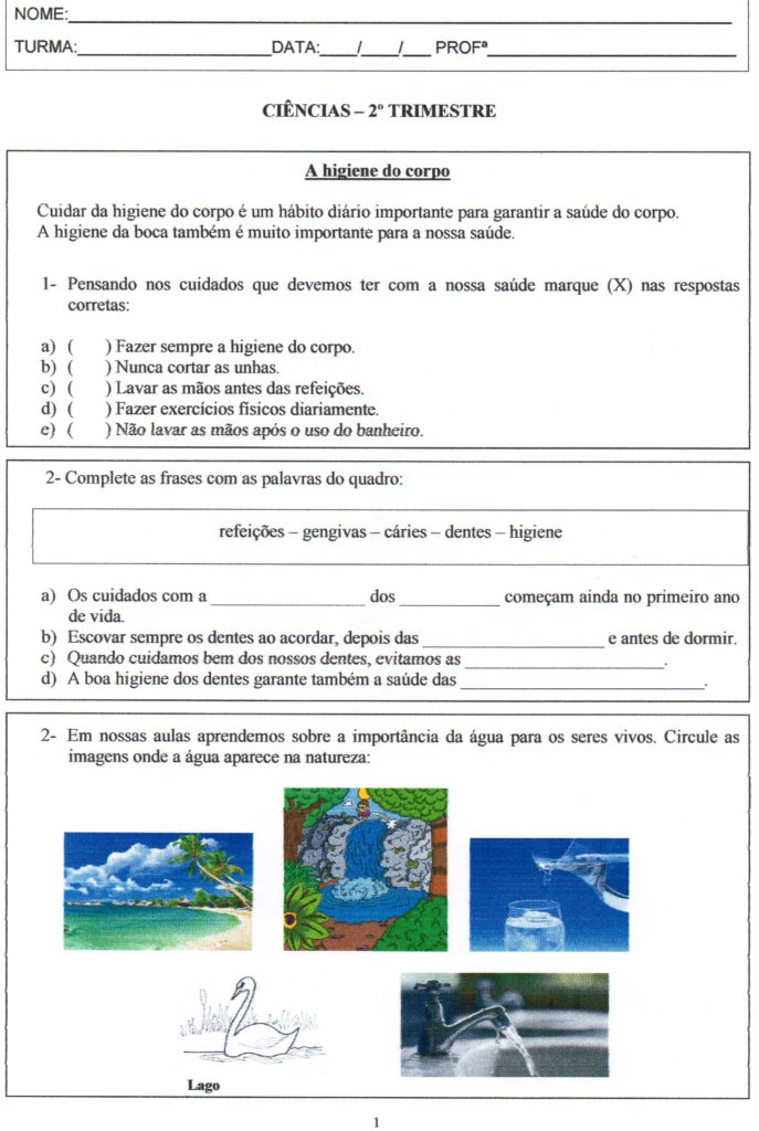 Avaliação de Ciências-2 Ano-Parte 1-Folha 1