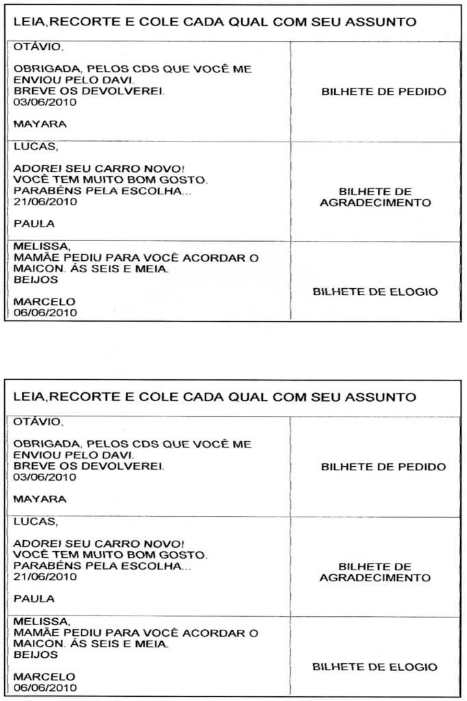 Atividade de Bilhete Recorte e Cole com o assunto