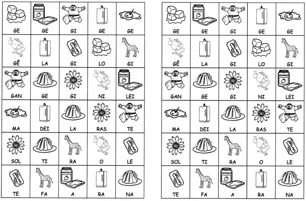Desenhos com sílabas para montar GE, GI E H-Folha 01