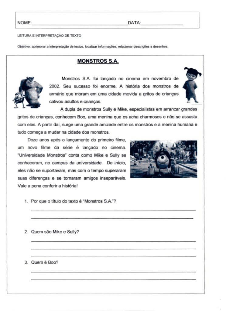 Leitura Interpretação Atividade Monstros SA 1