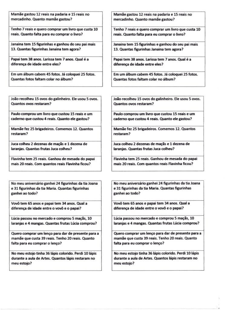 Problemas simples de Matemática para colar