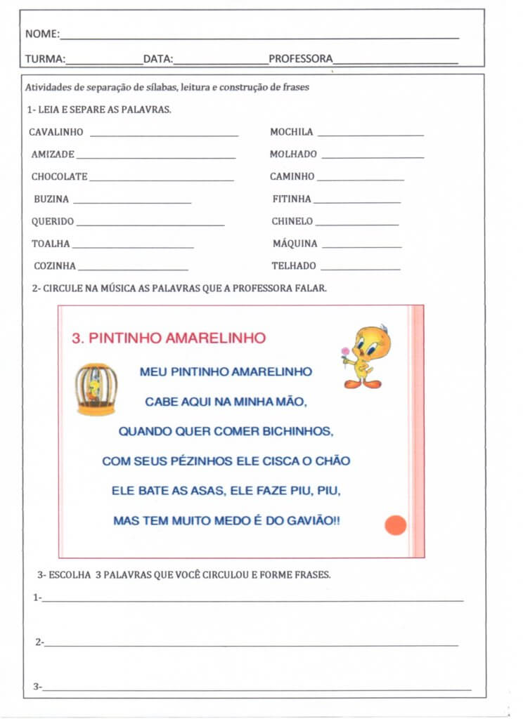 Separação de sílabas e construção de frases