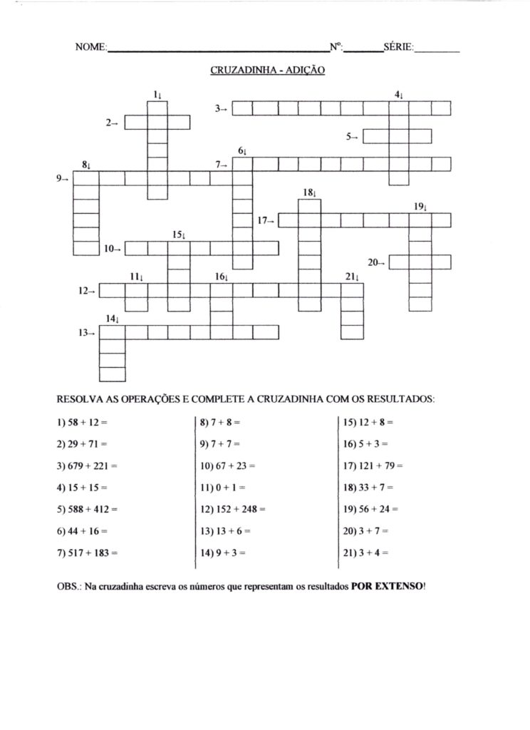Cruzadinha Adição-EJA-Números por extenso