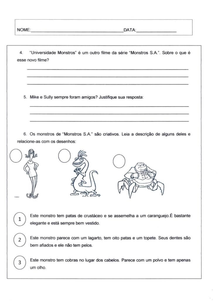 Leitura Interpretação Atividade Monstros SA 2