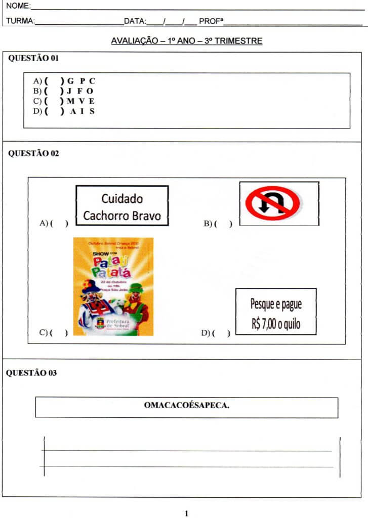 Avaliação 1 ano-Interpretação 3º Trimestre-Folha 1