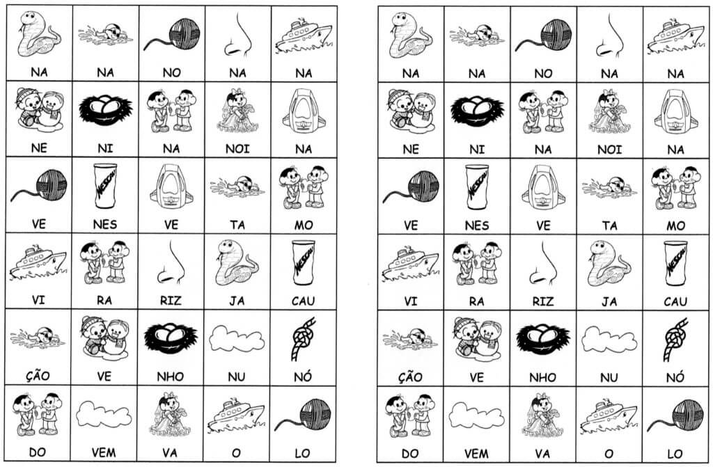 Desenhos com sílabas para montar N e O-Letra N