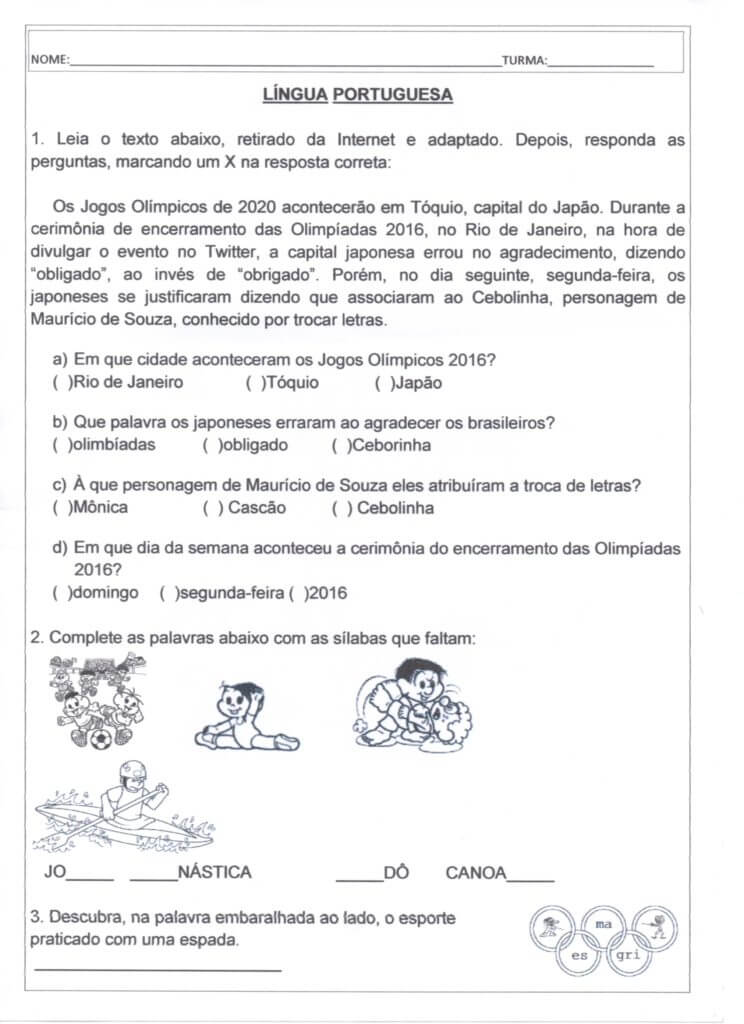 Avaliação de Língua Portuguesa-2 Ano-Folha 1