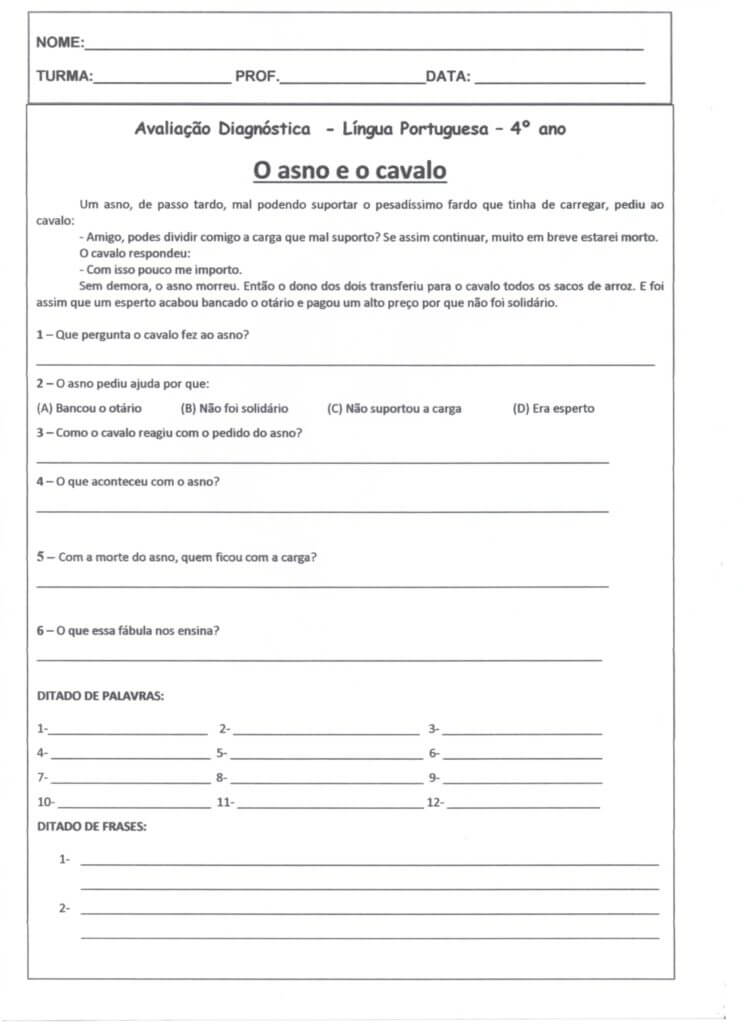 Avaliação Diagnóstica 4 Ano-Português-Folha 1