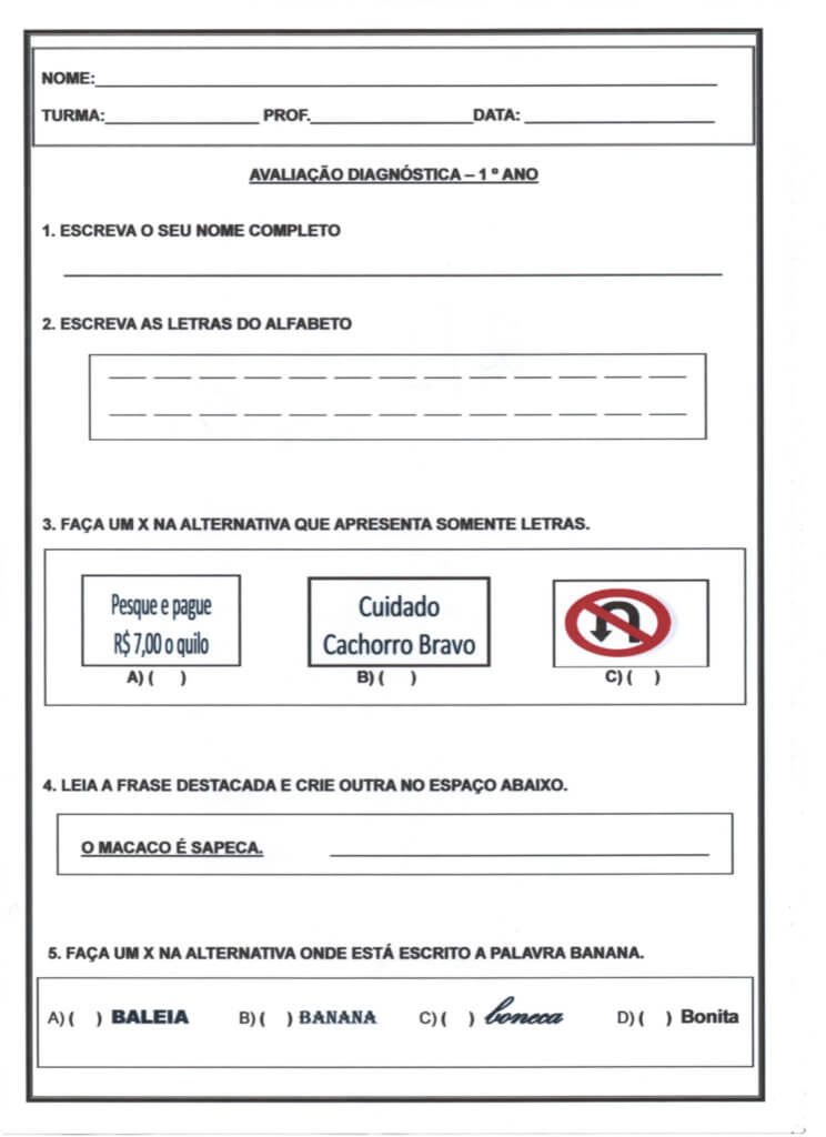 Avaliação Diagnóstica 1 Ano-Interpretação-Folha 1