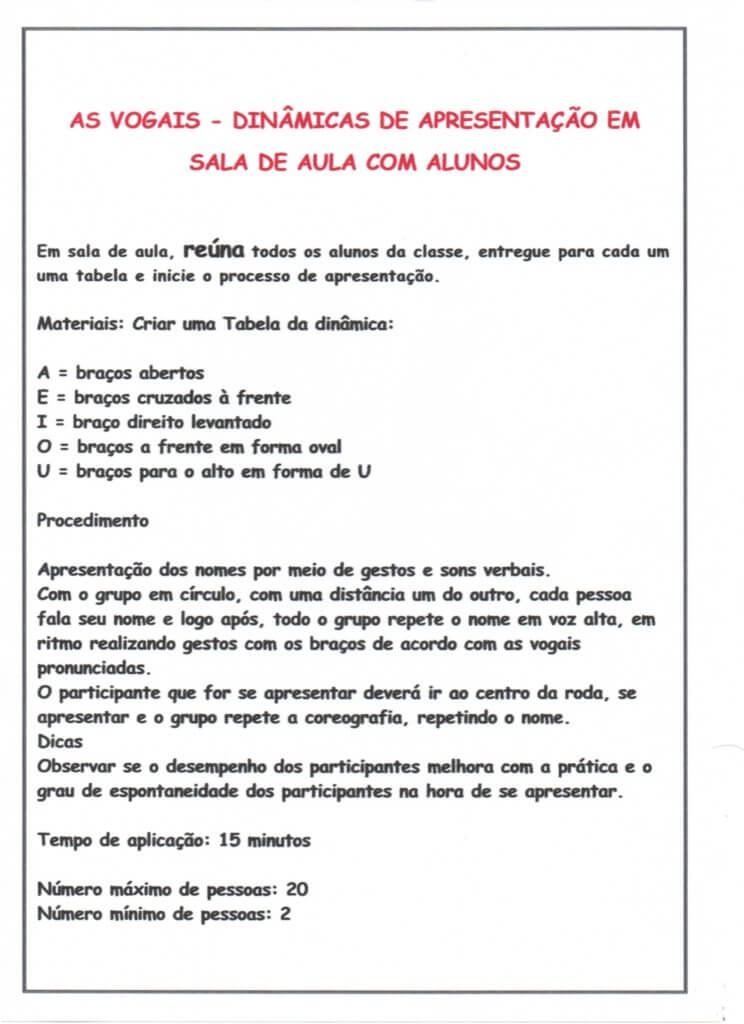 Dinâmica de apresentação com os alunos-As Vogais