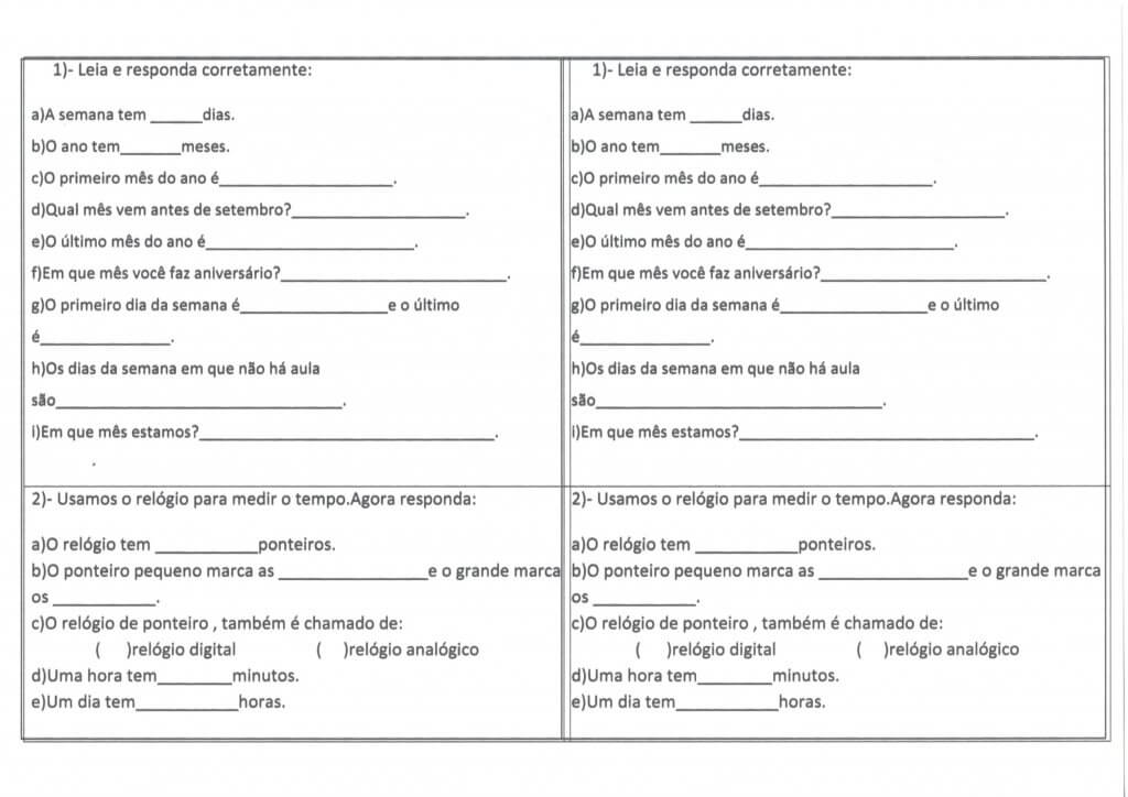 Atividades sobre o Tempo-Semana-Mês-Parte 1