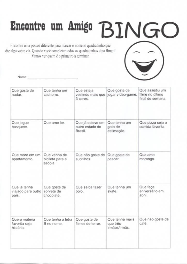 Bingo da Socialização-Encontre um amigo