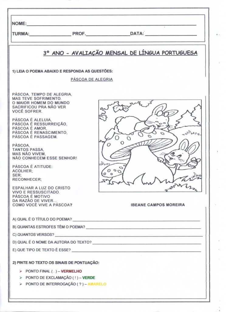 Avaliação de Língua Portuguesa 3 Ano-Folha 1