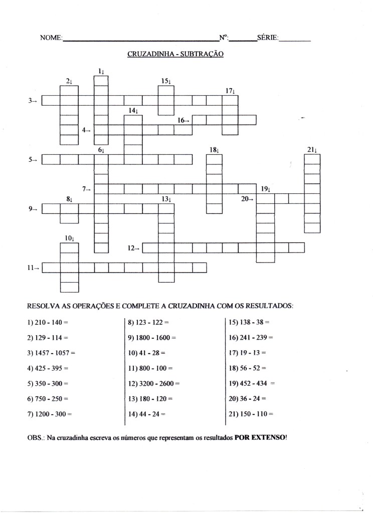 Cruzadinha subtração-números por extenso-EJA