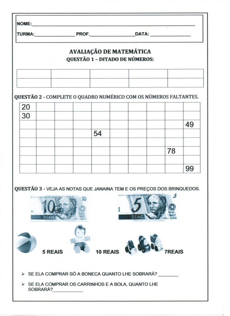 Avaliação 1 ano-Matemática Problemas-1