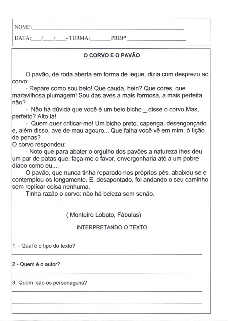 Interpretação de texto O Corvo e o Pavão-Folha 1