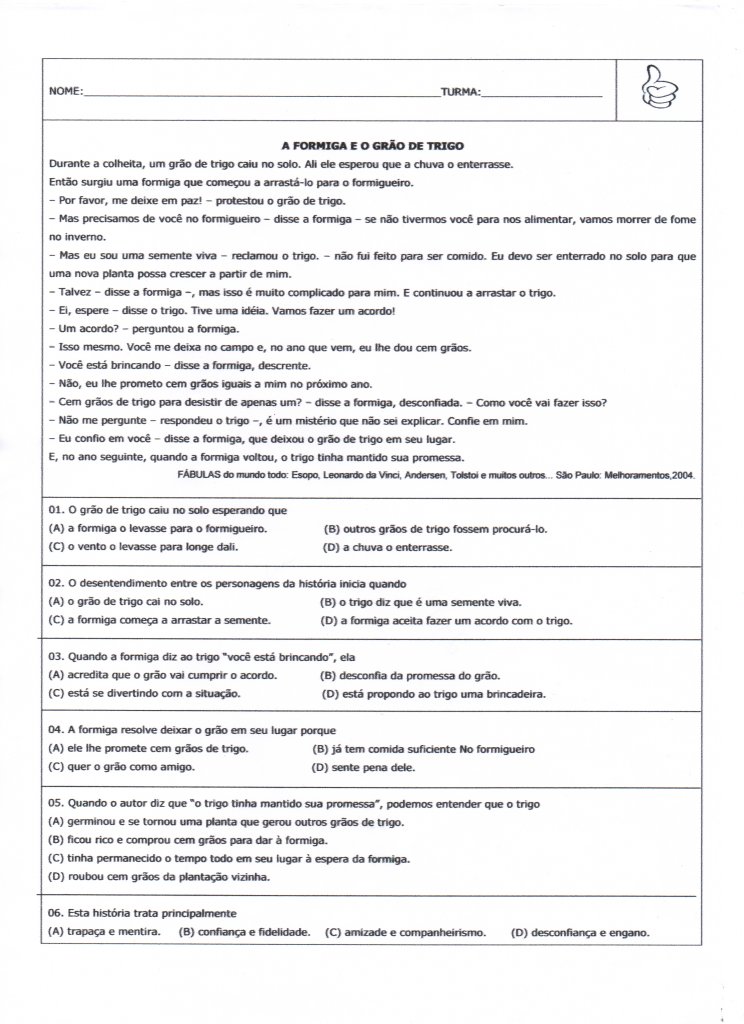 Avaliação 5 Ano-Interpretação de Textos-Parte 1-Folha 1