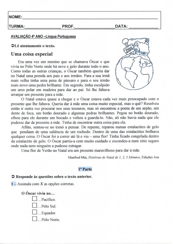 Avaliação 4 Ano-L Portuguesa-Interpretação-Parte 1-Folha 1