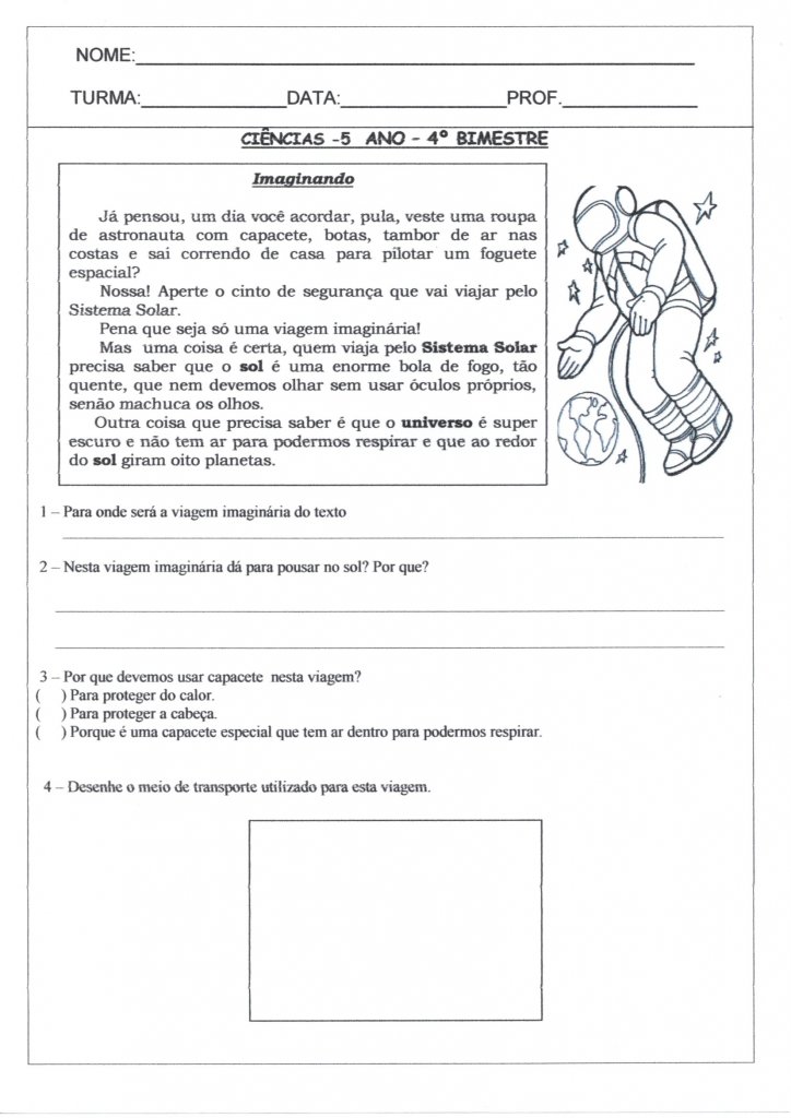 Avaliação 5 Ano-Ciências-Sistema solar e Eletricidade-Parte 1-Folha 1