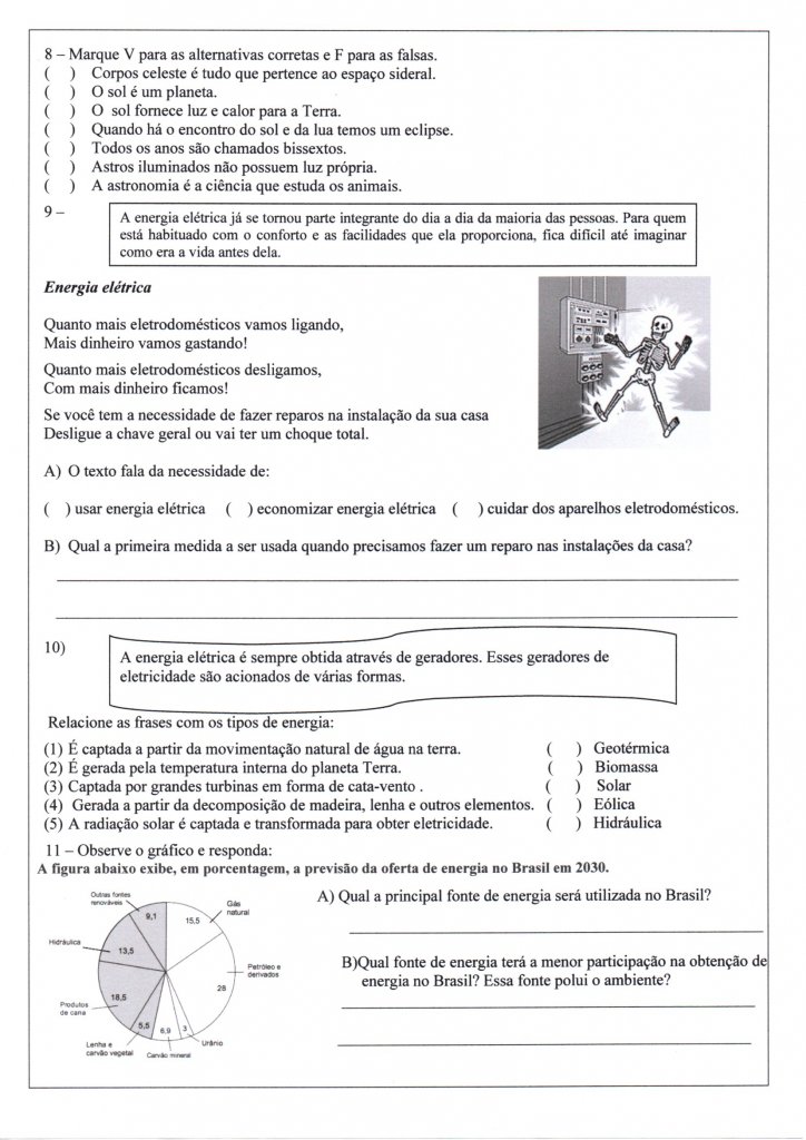 Avaliação 5 Ano-Ciências-Sistema solar e Eletricidade-Parte 2-Folha 3