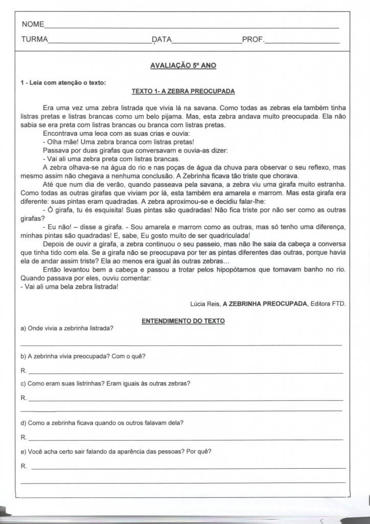 Avaliação Final de Língua Portuguesa 5 Ano-Parte 1-Folha 1