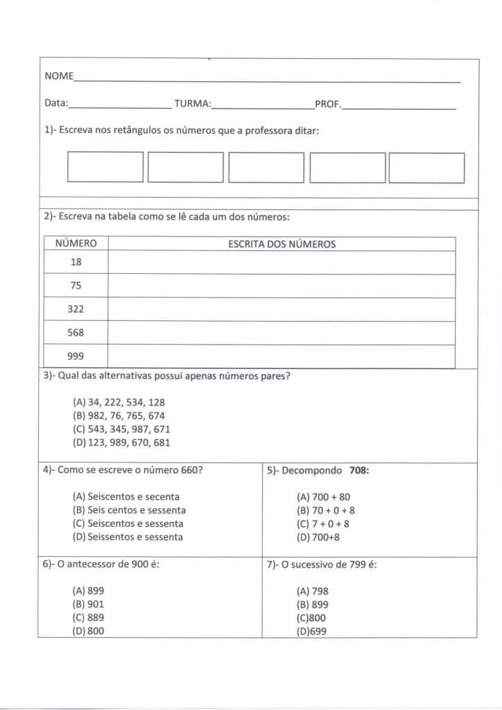 Avaliação de Matemática 3-4 Ano-Folha 1