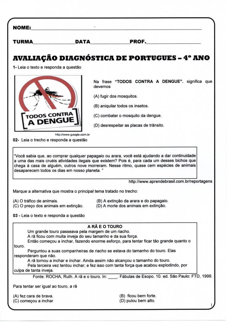 Avaliação Diagnóstica 4 Ano-Parte 1-Folha 1
