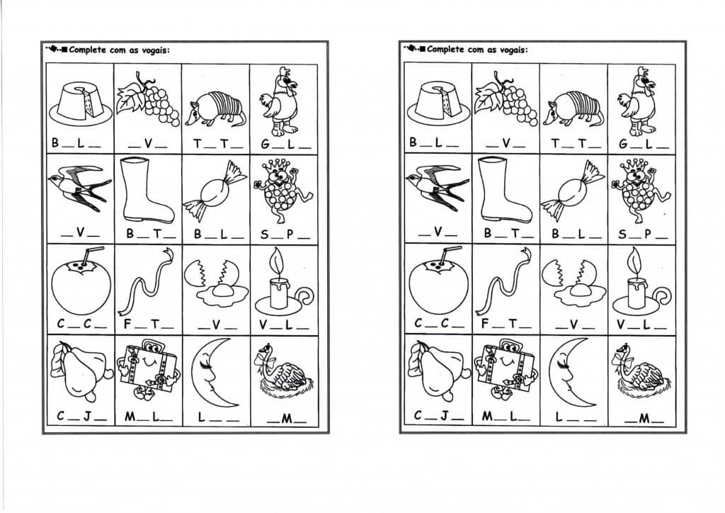 Atividades com vogais-Completar e pintar-Folha 1