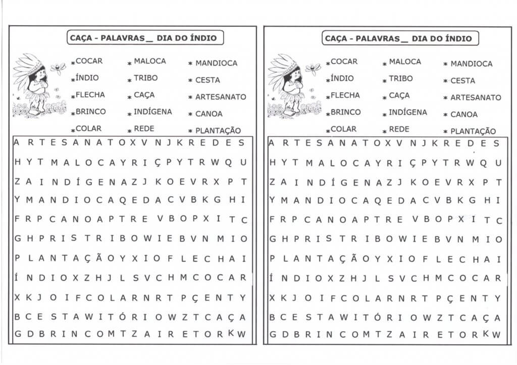 Dia do Índio-Texto e Caça-Palavras com Costumes-Folha 1