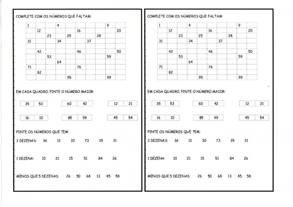 Quadro de números-Lacunas Maior Menor