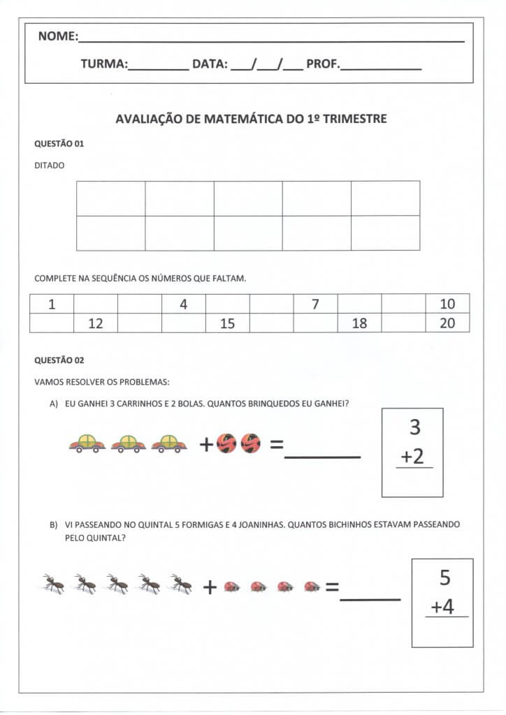 Avaliação de Matemática-1 Trimestre-Folha 1